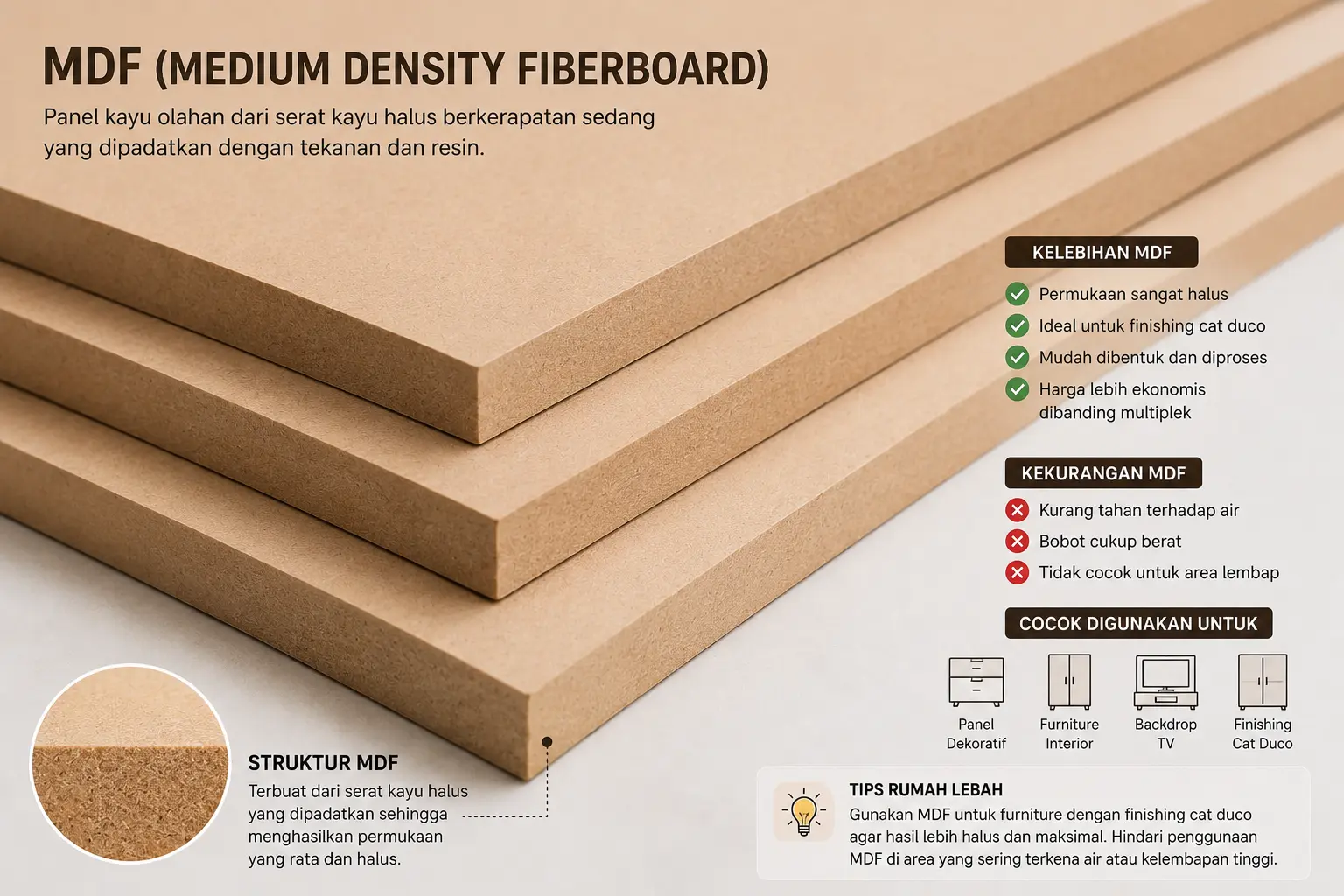 MDF (Medium Density Fiberboard) — ideal untuk finishing cat duco