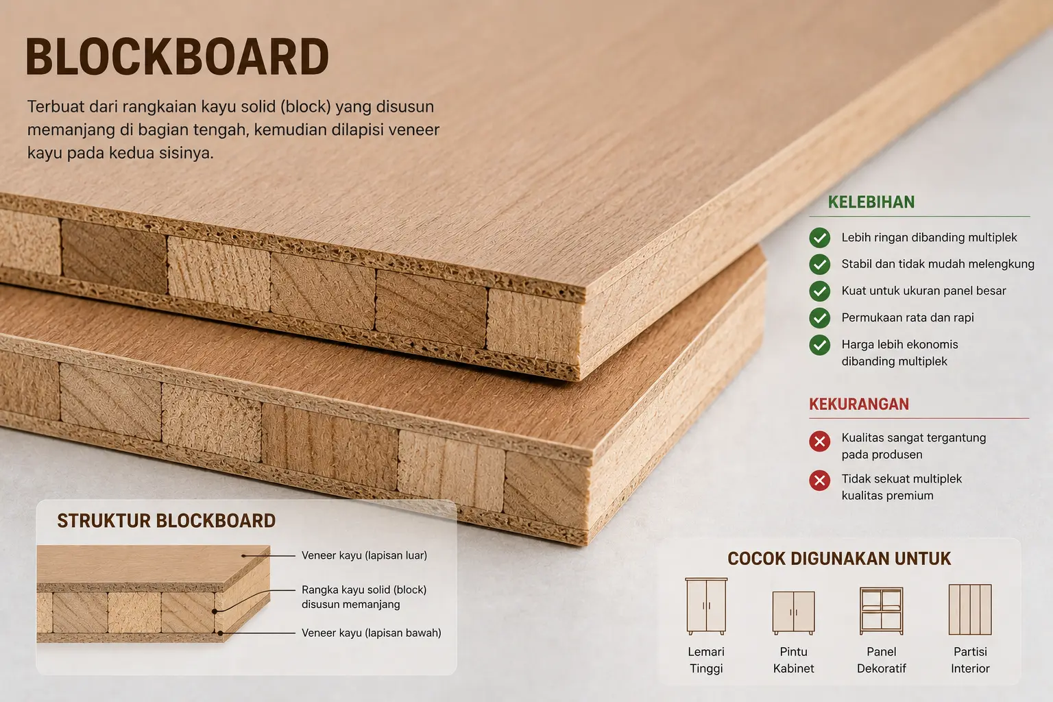 Blockboard — kuat untuk panel besar dengan bobot lebih ringan