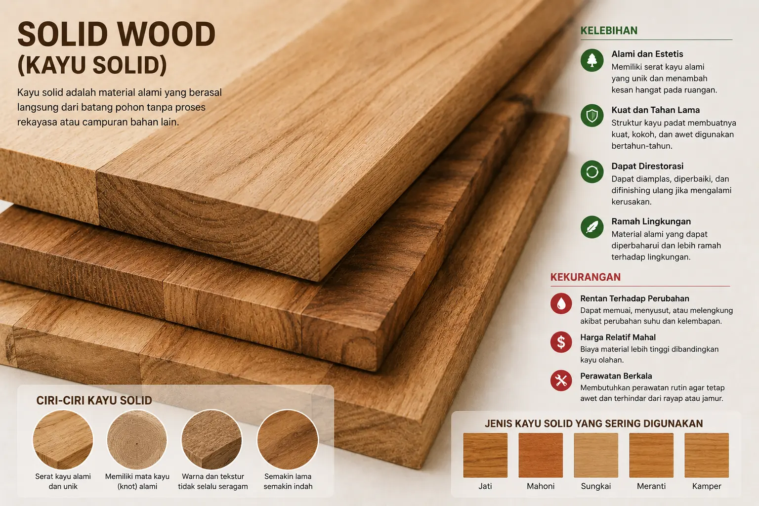 Kayu Solid — material alami dengan tampilan mewah dan tahan lama